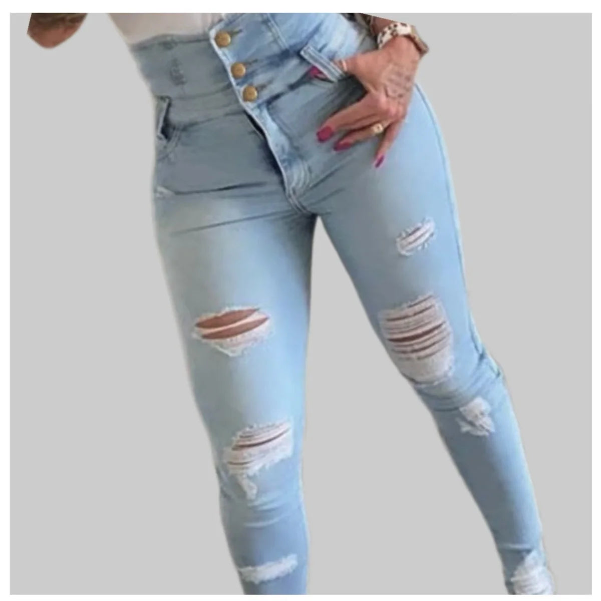 Women's High Waisted Elastic Jeans Vintage Hole Blue Tight Denim Trouser Basic Small Leg Jeans Elastic Tight Pants New