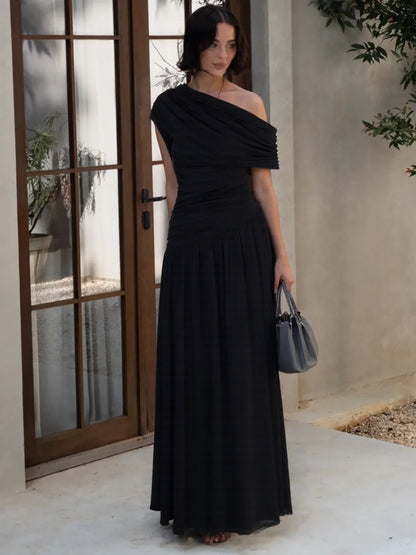 One Shoulder Ruched Sleeveless Solid Pleated Sexy Irregular Y2K Maxi Dress Summer Elegant Party Women Clothes Vacation