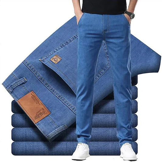 Light blue classic business jeans, fashionable breathable denim elastic pants, black blue men's straight leg jeans, sizes 28-40