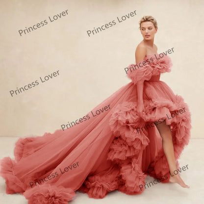 Women Prom Dresses Tulle High Low Vestido de Novia Robes Off the Shoulder Evening Dress Ruffled Fluffy Party Gowns Customized