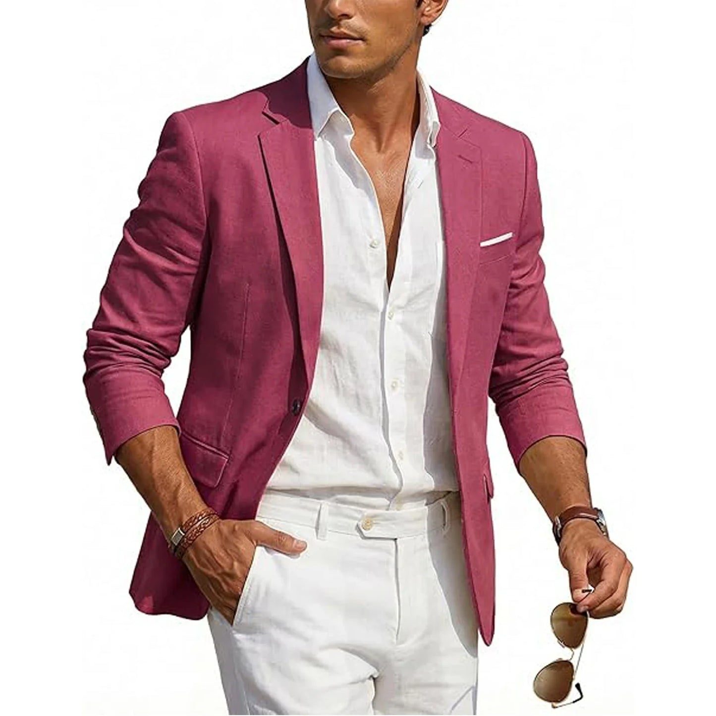 Men's Casual Linen Blazer Slim Fit Formal Business Lightweight One Button Suit Jacket for Spring/Summer Beach Wedding Sport Coat