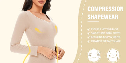 Spandex Elastic Body Suit Shapewear Women Body Shaper Tummy Control Long Sleeve Open Crotch Round Neck Seamless Shapers
