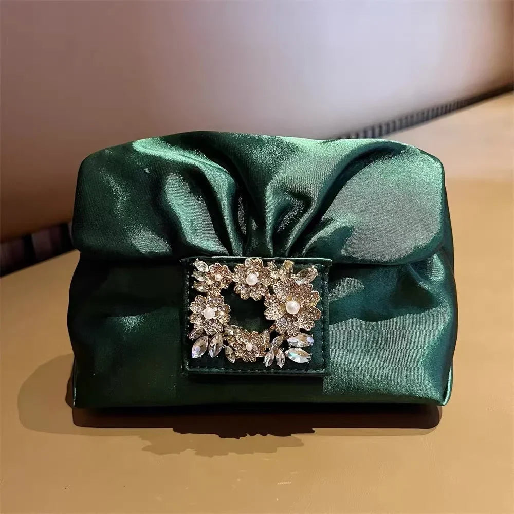 Luxury Satin Pleated Cloud Bag Glitter Shiny Diamonds Evening Bag Fashion Women Handbag Wedding Party Clutch Purse Shoulder Bag