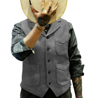 Men's British Casual Suit Vest Herringbone Tweed Vest Notch Lapel Business Dress Waistcoat