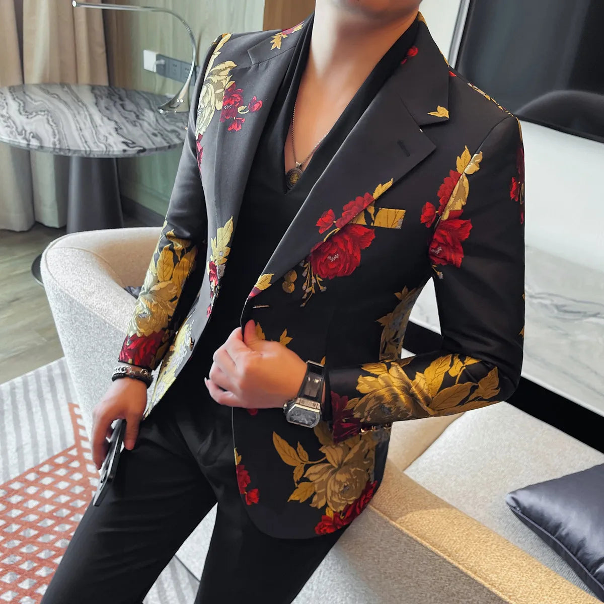New Men Embroidered Jacquard Slim Fit Casual Suit Jacket Formal Prom Party Stage Costume Man Tuxedo Gentleman Blazers Suit Tops