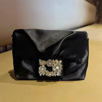 Luxury Satin Pleated Cloud Bag Glitter Shiny Diamonds Evening Bag Fashion Women Handbag Wedding Party Clutch Purse Shoulder Bag