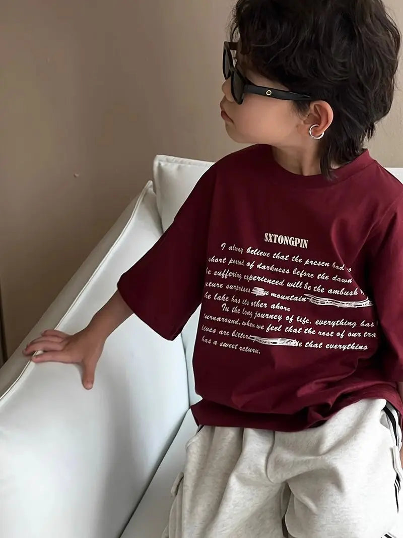 Boys' Korean Style 100% Cotton Short Sleeve T-Shirt Summer New Letter Print Casual Streetwear Cool