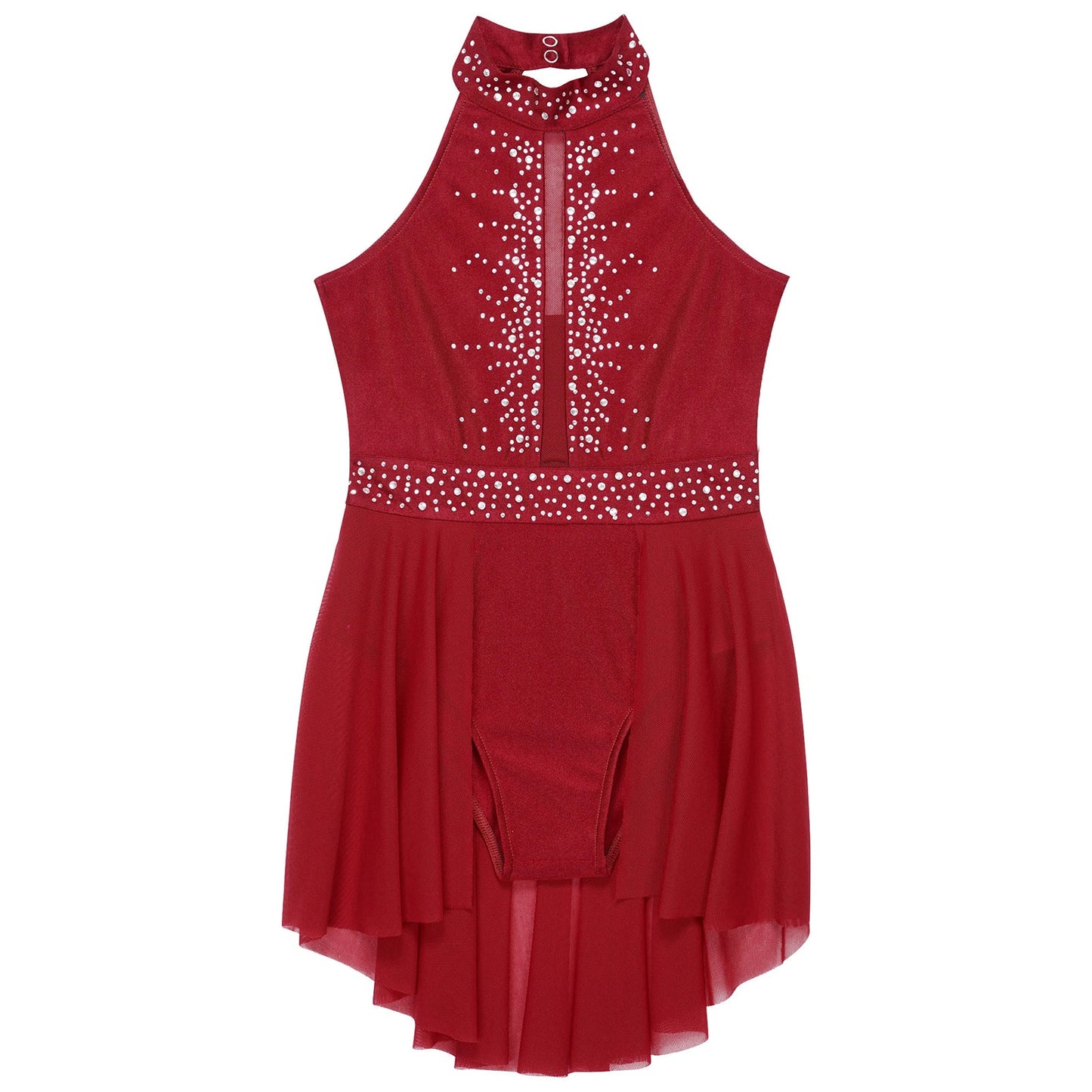 Kids Girls Gymnastics Figure Skating Ballet Lyrical Dance Costume Dress Side Split Sheer Mesh Ruched Glittery Rhinestones Dress