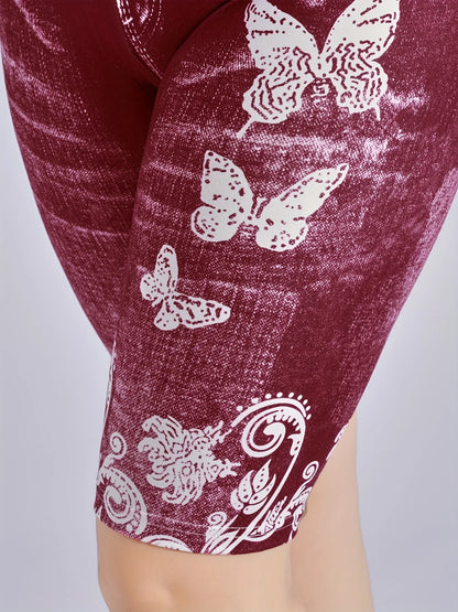 Lmitation Denim Leggings For Women Butterfly Waist Fruit Flower Elastic Shorts High Waist Casual