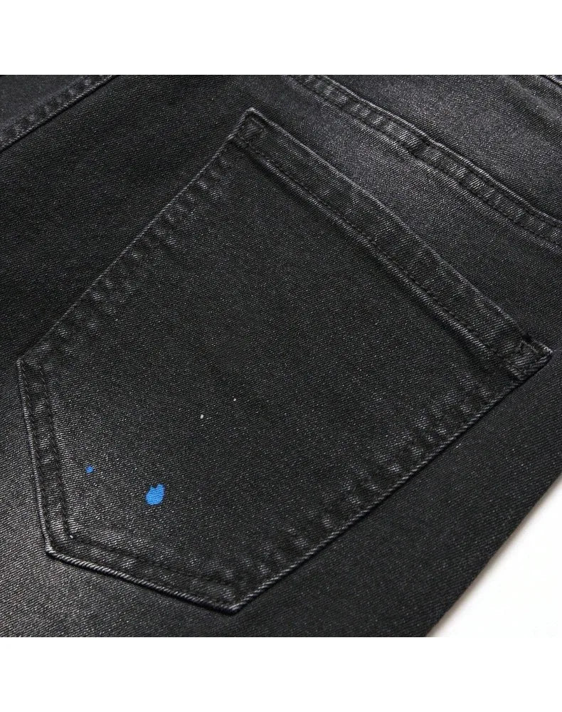 2025 Autumn New Stretch Jeans Fashionable Ripped Patchwork Slim European American Pants Male Paint Dot Hip Hop Denim Trousers