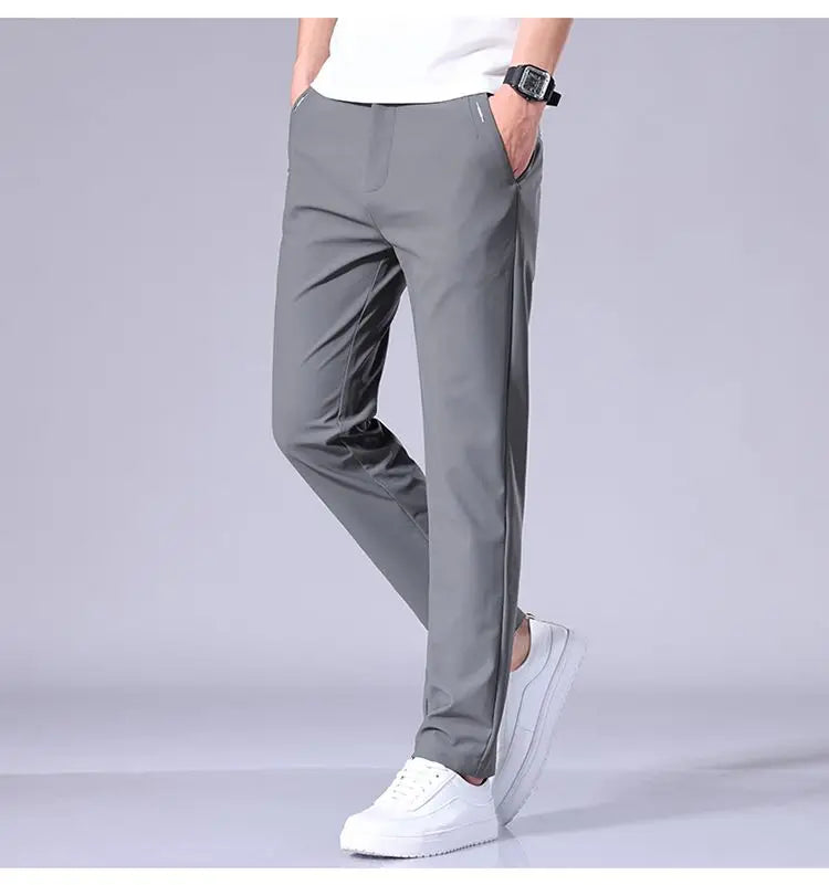 High Elastic Ice Silk Casual Pants Men's Spring Summer Ultra-thin Quick Drying Soft Breathable Business Straight Gray Trousers