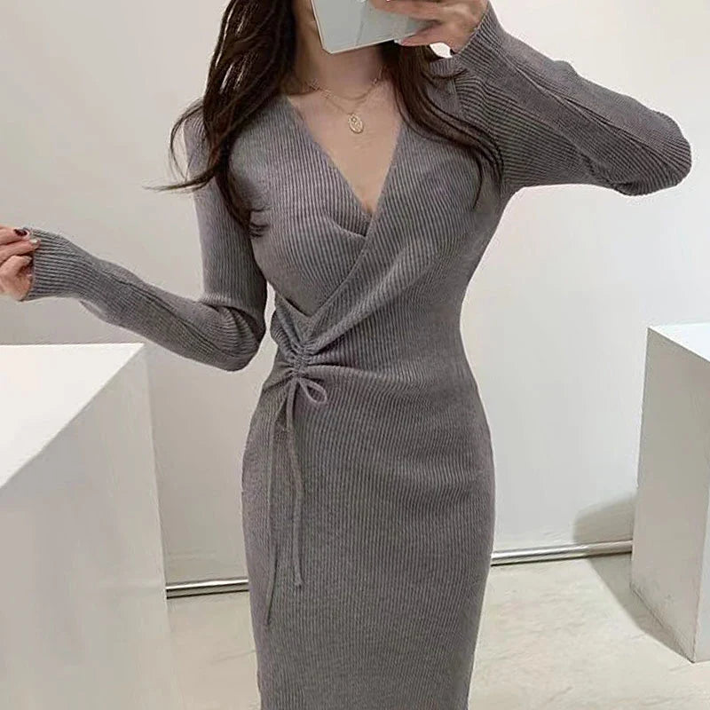 Chic V-ne Knitted Wrap Waist Slimming Mid-length A-line Dr Women's Sweater Dr Korean Sle High Waist Long Sve