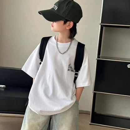 Black Graffiti Letters Pure Cotton Short Sleeve T-Shirt for Tween Boys Loose Fit Summer Youthful Wear Kids Outerwear Clothing