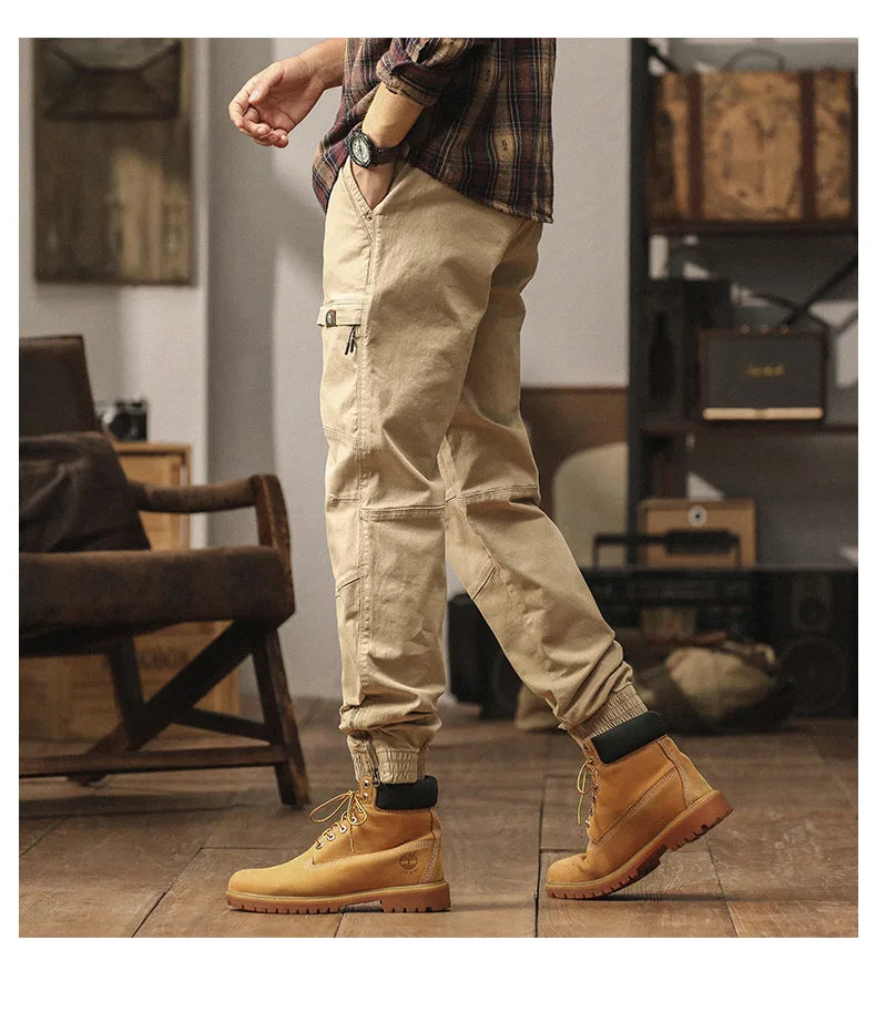 Cotton Men's Cargo Pants Elastic Waist Stretch Trouser Male Multi Pocket Casual Jogger Fit Ankle Length Zipper Purple Drawstring