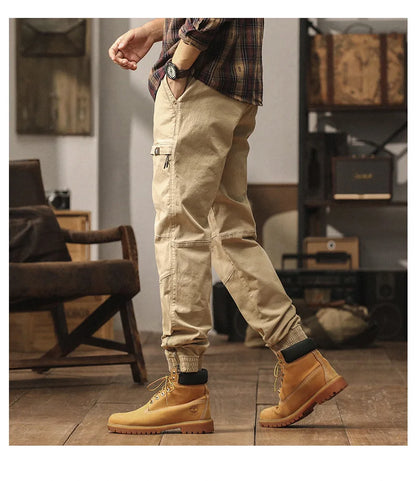 Cotton Men's Cargo Pants Elastic Waist Stretch Trouser Male Multi Pocket Casual Jogger Fit Ankle Length Zipper Purple Drawstring