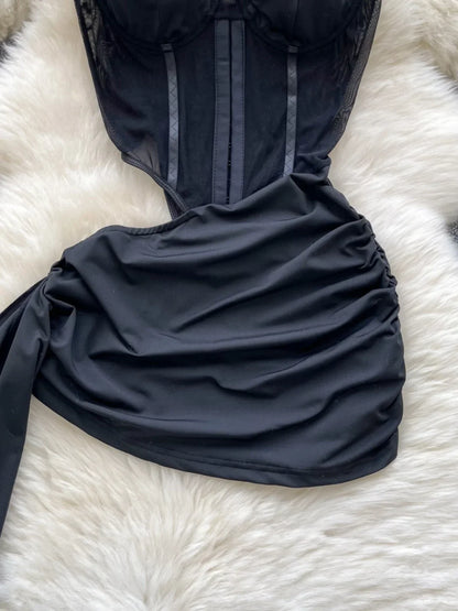 American Sexy Hollowed-out Waist Tube Top Dress for Women's Pleated Waist Hip-wrapped Streamer Girl's Short Dress
