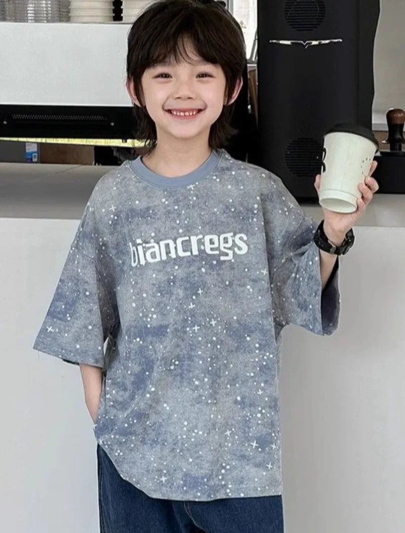 2026 New Boys' Summer Starry Sky Tie Dye Short Sleeve T-Shirt Pure Cotton Stylish Boys' Tops Trendy Summer Wear