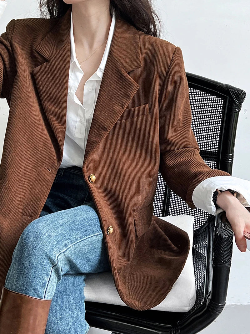 Brown Corduroy Suit Jackets Women's Spring New Fashion Loose Casual Blazers Notched Collar Single Breasted Pockets Female Tops