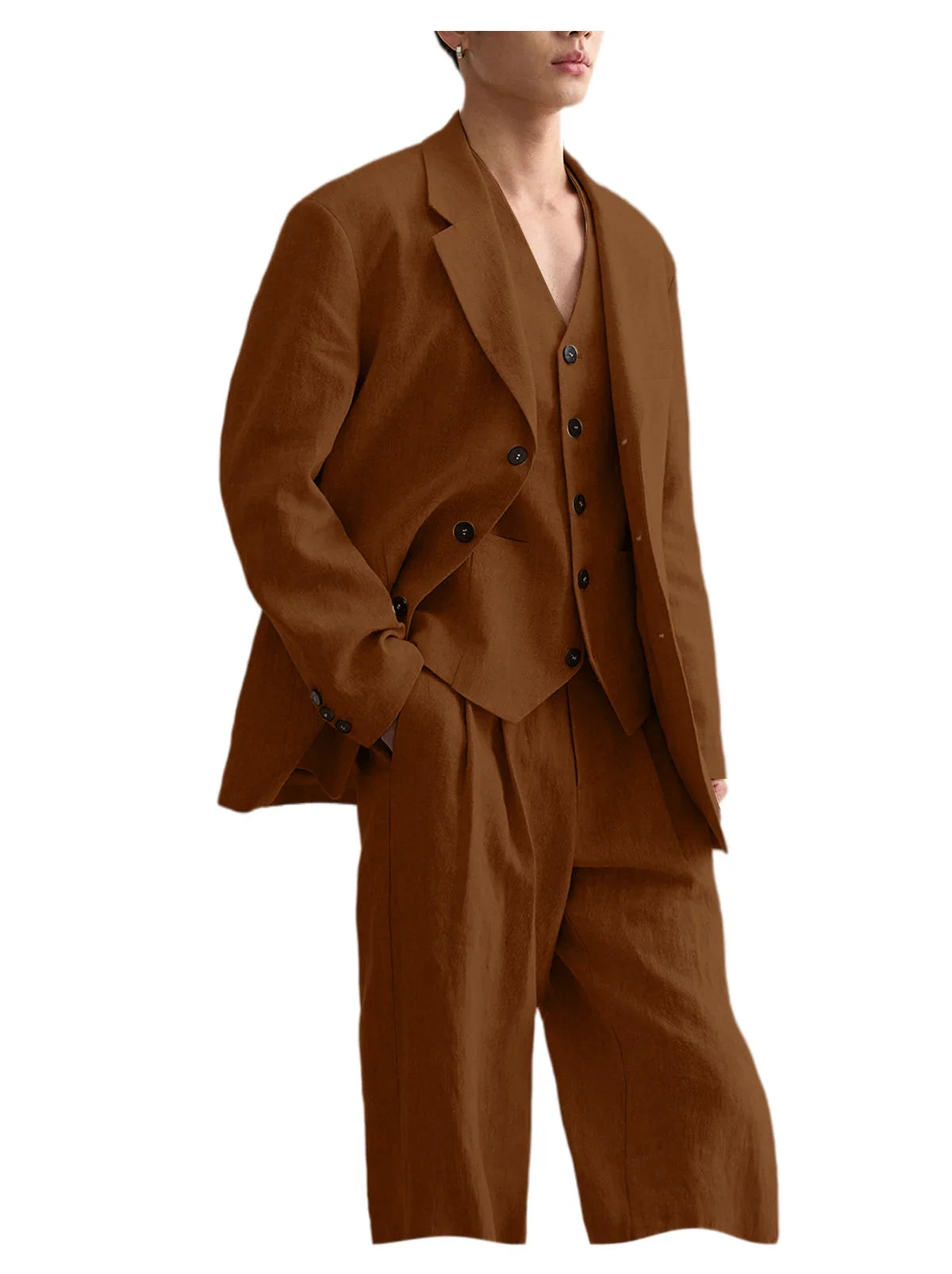 Men's Linen Suit Classic Notch Lapel 3 piece(Blazer+Vest+Pants)Breathable Wide Leg Trousers for Groom Spring Summer Party