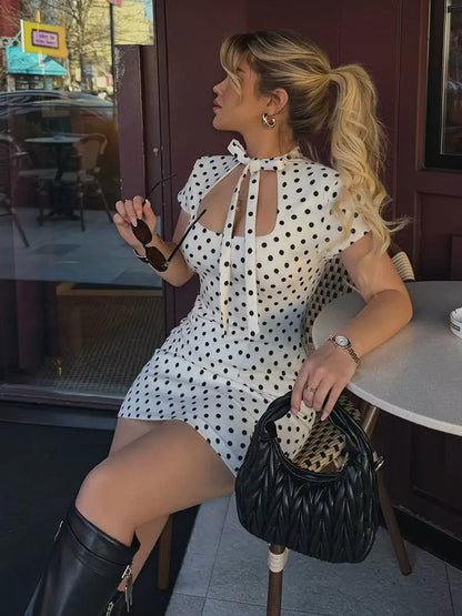 Summer Polka Dot Mini Dresses For Women Casual Short Sleeve Lace Up Collar Dress Sexy Lady Club Party Woman Evening Dress