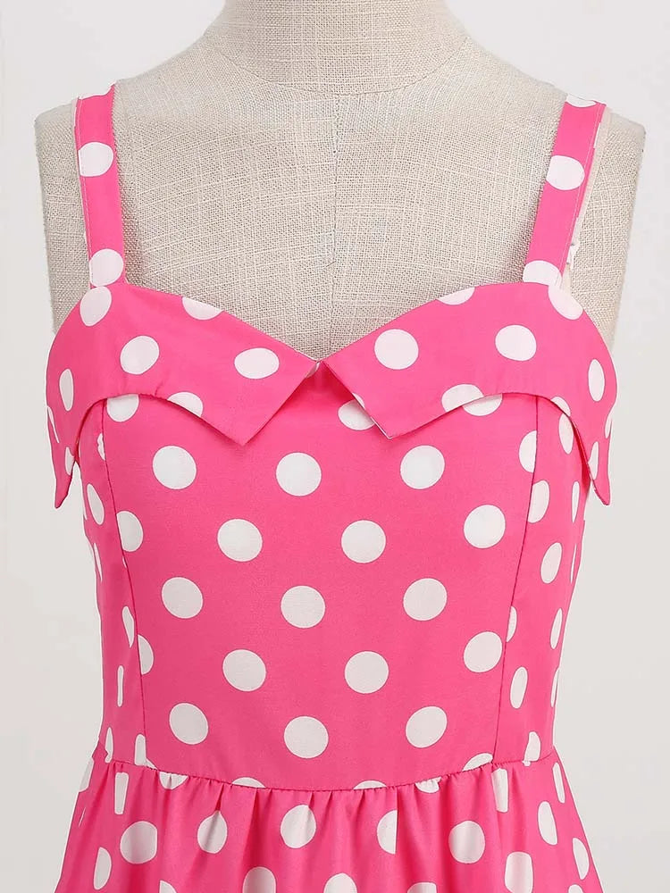 Spaghetti Strap Pink Plaid Dress Women Summer Elegant Vintage 50s Rockabilly Swing Party Dress