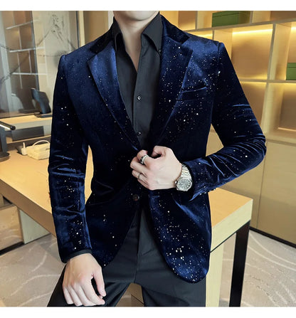 High Quality Velvet Bronzing Suit Coats Mens Sparkle Elegant Slim Business Suits Jacket Homme Formal Social Prom Party Tuxedos