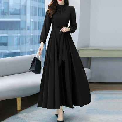 Women Long Sleeve A-line Sundress Spring Long Dress Autumn Solid Party Holiday Maxi Dresses Vestidos Femme Vintage Robe