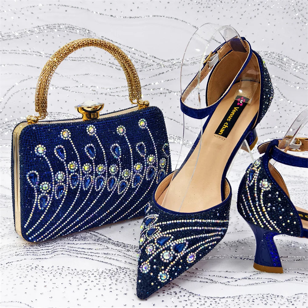 2025 Elegant Rhinestone Pointed Toe Pumps With Matching Bag Set Large Size shoes Big Bag for Women's Party High Heels