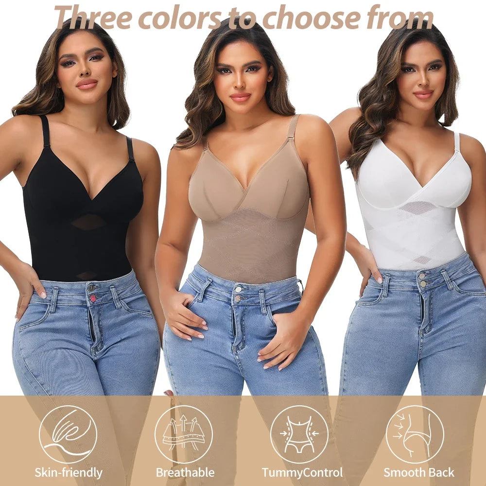 Cross Waist Tummy Control Body Shaping Bodysuit for Women Full Body Control V-Neck Mesh Breathable Briefs Underwear Butt Lifter