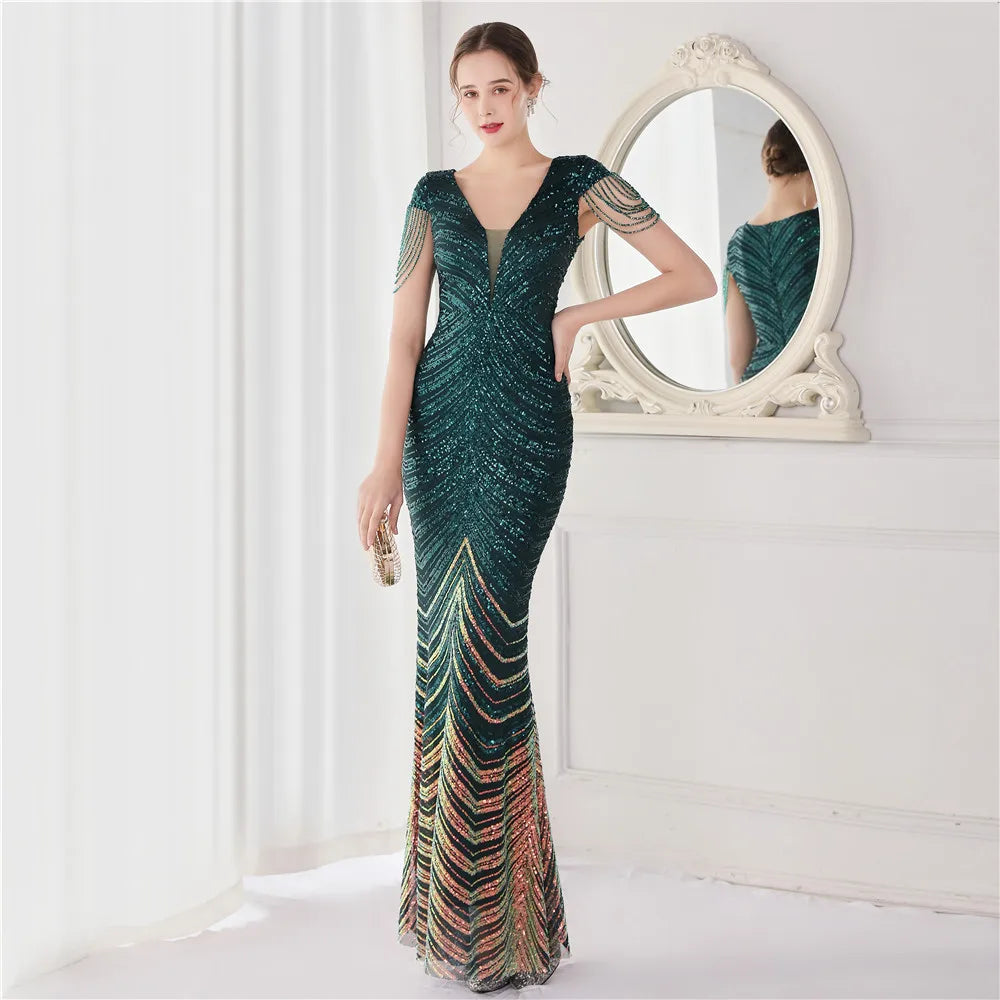 Elegant V Neck Mermaid Evening Dress Long Luxury Beads Women Evening Party Dresses 2025 New Formal Dress 19085