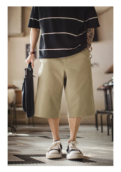 Men's 718 Summer Casual Shorts Japanese Style Solid Color Loose Fit Straight Leg Zipper Fly Commuter Workwear Pants