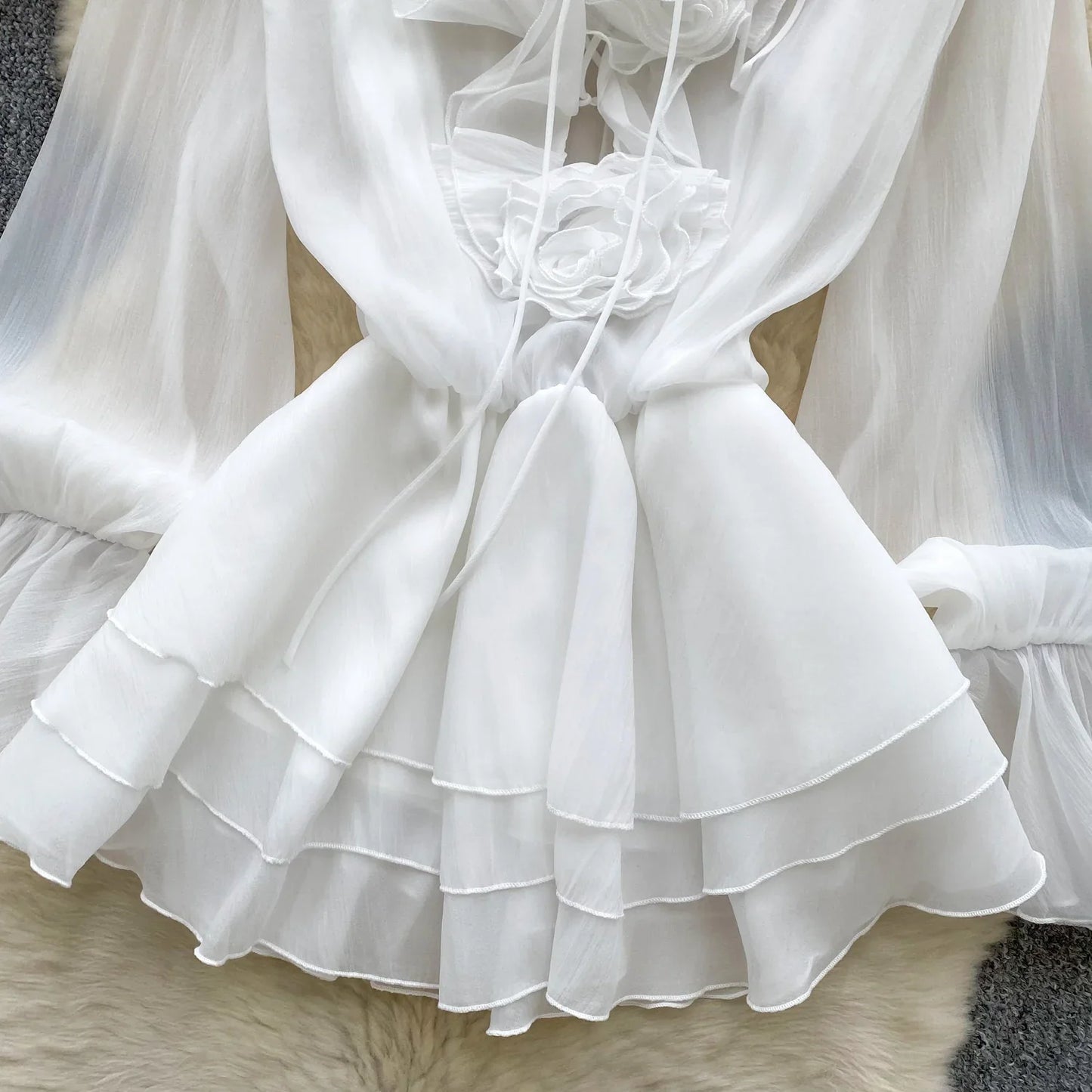 3D Floral Beach Short Dress Female Long Sleeves Lace Up Ruffle Chiffon Cake Sundress Sheer Sexy Vintage Bohemian Dress