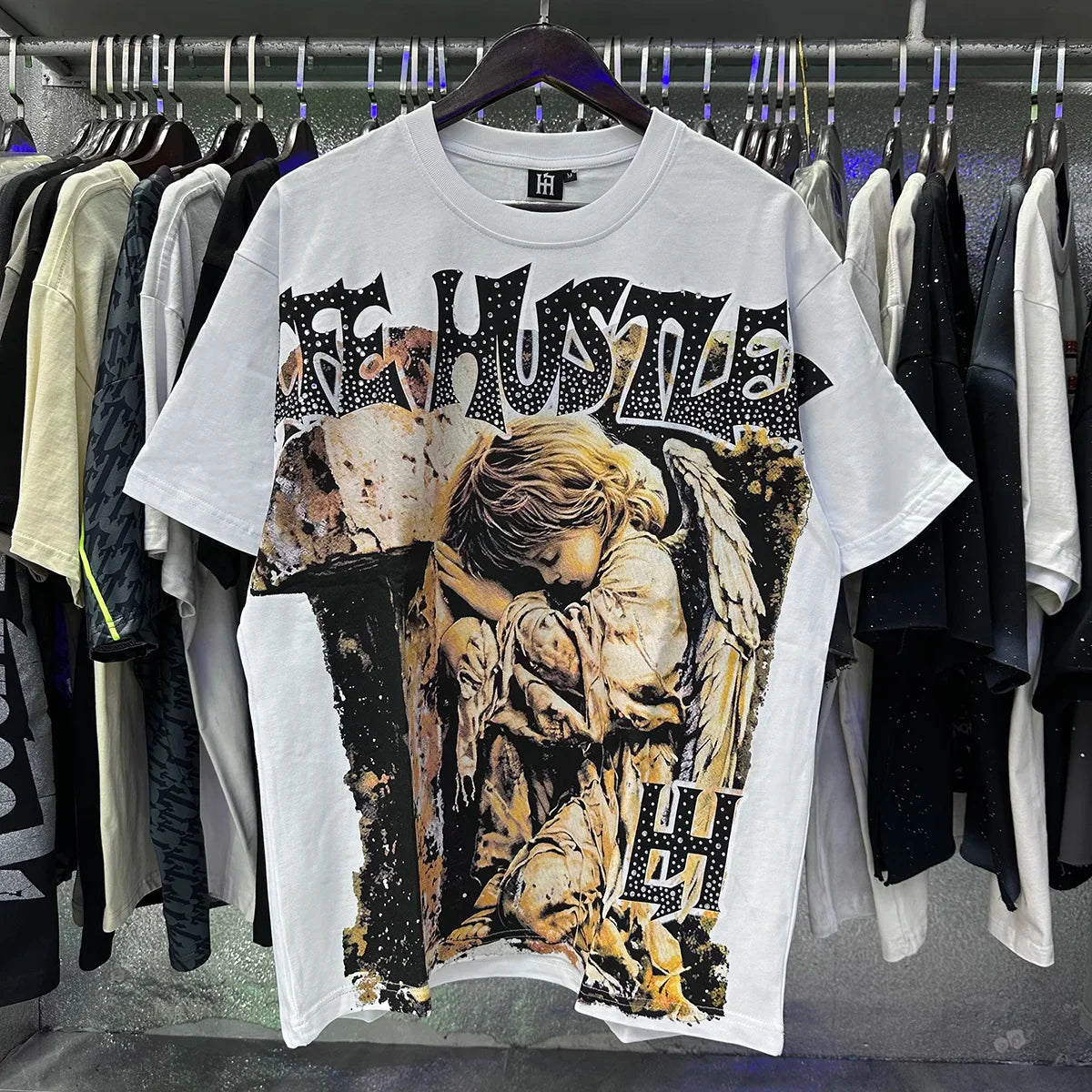 Masked Tattoo Angel Gun Diamond Short Sleeve Tshirts for Men and Women Crew Neck Cotton Summer Top Tees Oversized