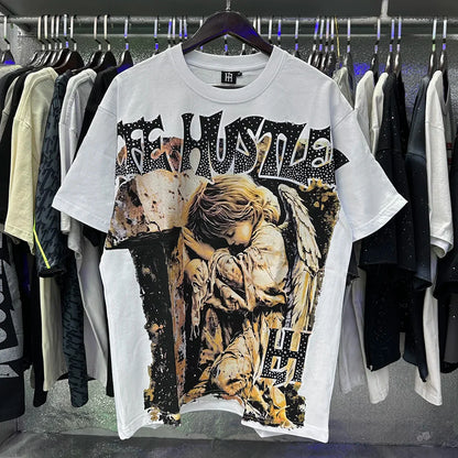 Masked Tattoo Angel Gun Diamond Short Sleeve Tshirts for Men and Women Crew Neck Cotton Summer Top Tees Oversized