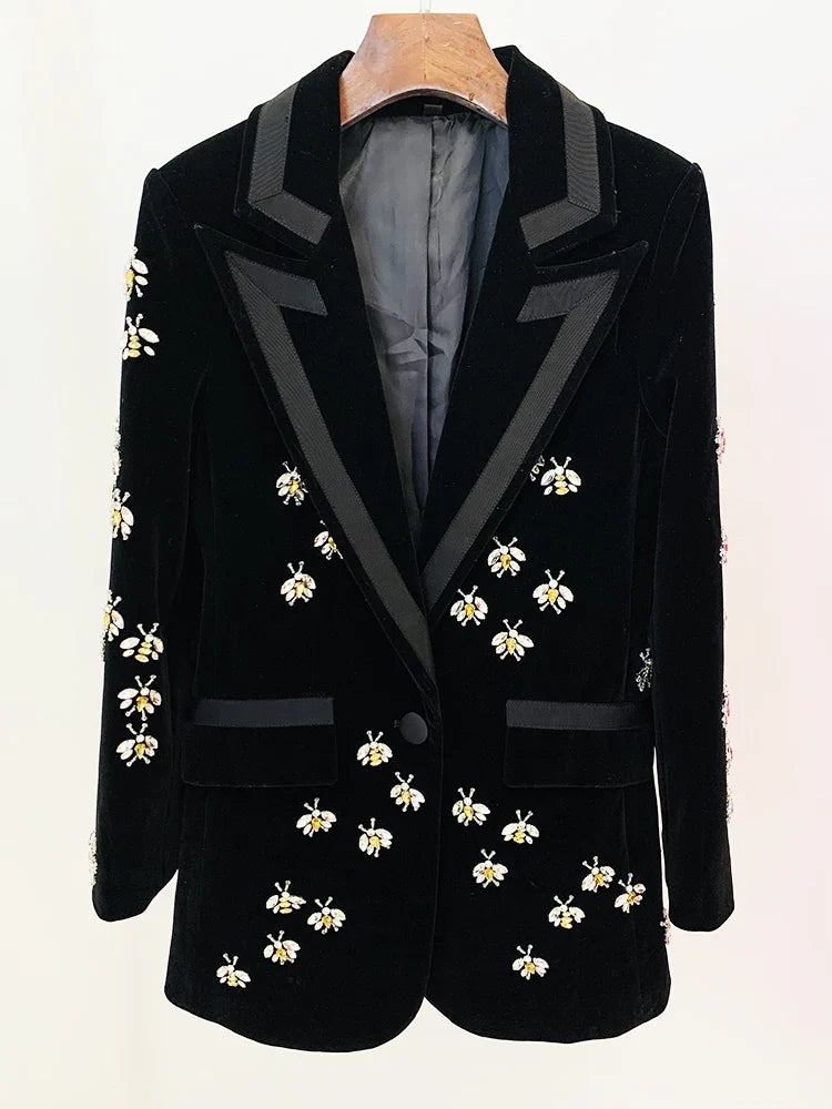 HIGH STREET Newest 2026 F/W Designer Jacket Women's Single Button Stunning Rhinestone Diamonds Beaded Bee Velvet Long Blazer