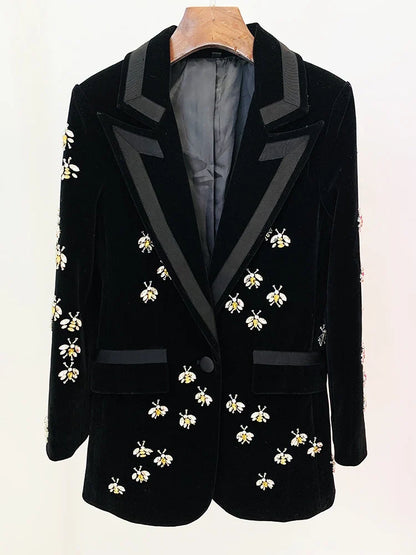 HIGH STREET Newest 2026 F/W Designer Jacket Women's Single Button Stunning Rhinestone Diamonds Beaded Bee Velvet Long Blazer