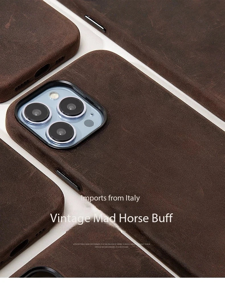 Italian Crazy Horse Genuine Leather Case for iPhone 16 15 17 Pro Max Magnetic Cases Personality Cowhide with MagSafe Phone Cover