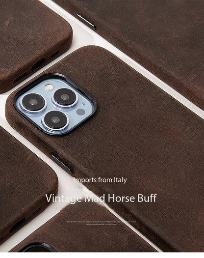 Italian Crazy Horse Genuine Leather Case for iPhone 16 15 17 Pro Max Magnetic Cases Personality Cowhide with MagSafe Phone Cover