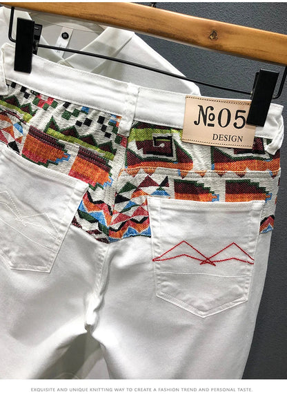 Summer New Denim Shorts Men's Stitching Embroidery Ripped Knee-length Shorts White Black Retro Blue Fashion High Quality Jeans