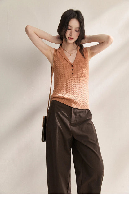 Women Cable Knit V-Neck Henley Tank Top Sleeveless Slim Knit Vest, Casual Basic Solid Tops for Spring Summer MXF25Z3115