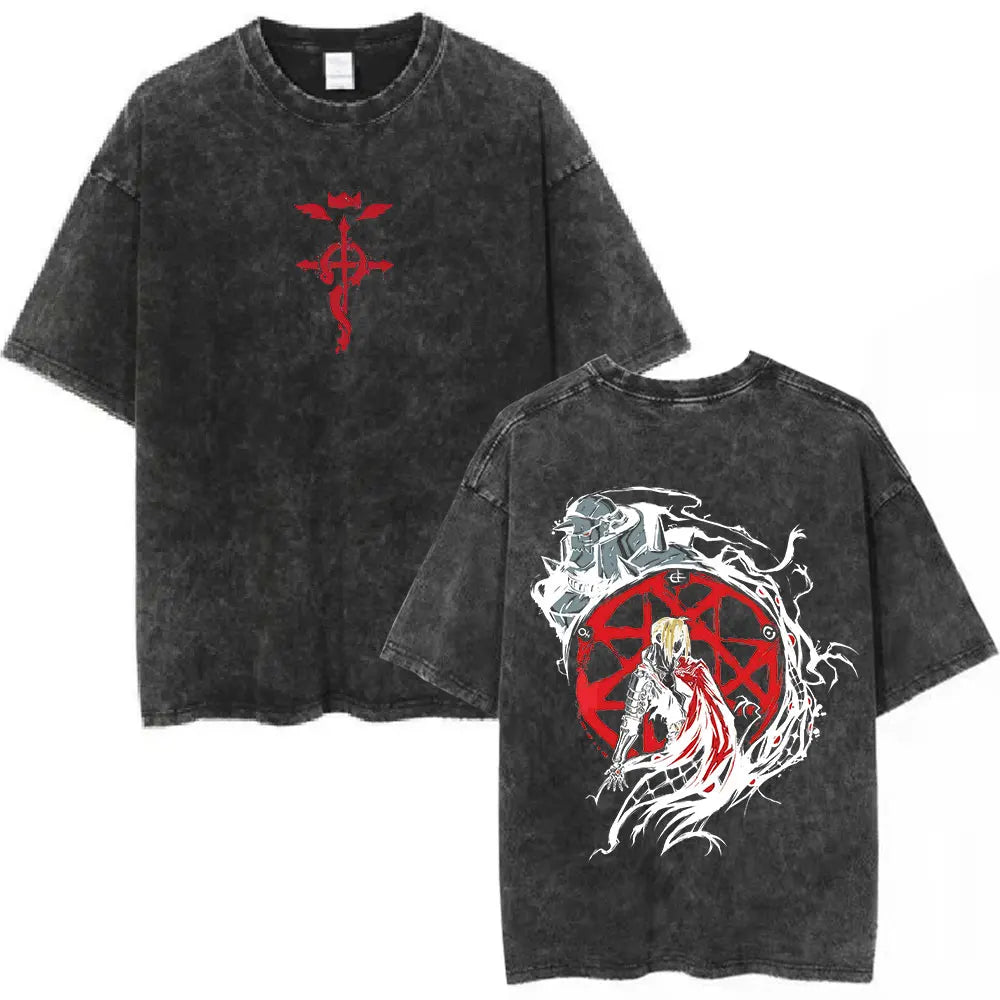 Anime Fullmetal Alchemist Washed T Shirts Edward Elric Alphonse Elric T-Shirt Men's Women Fashion Casual Oversized T-shirts Tops