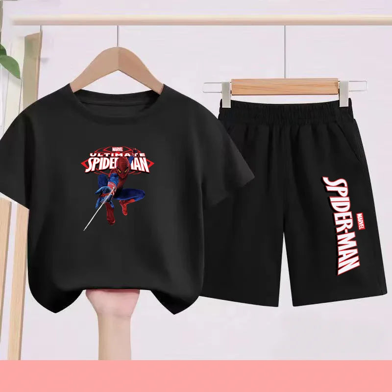2026 Children's Sports Outfit with Spider Pattern Cartoon Print - T-shirt + Shorts Set, Suitable for Children Aged 3 To 13.