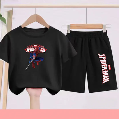 2026 Children's Sports Outfit with Spider Pattern Cartoon Print - T-shirt + Shorts Set, Suitable for Children Aged 3 To 13.