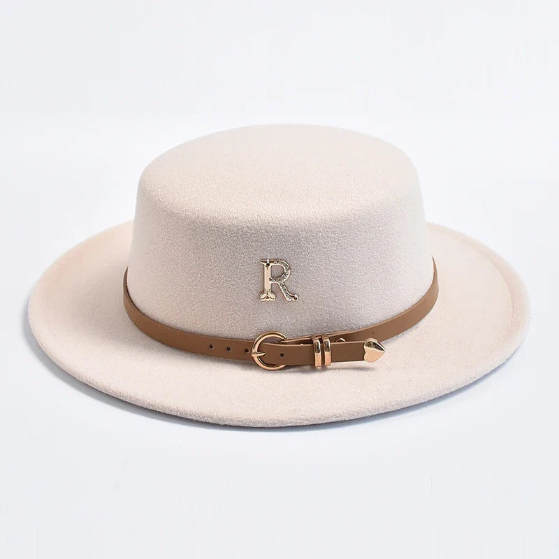 New Metal R Letter Fedora Hat for Women Fashionable Winter Flat Top Wedding Church Bowler Cap Females Elegant Holidays Hat