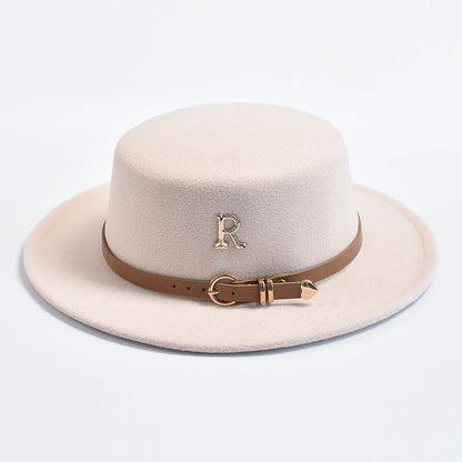 New Metal R Letter Fedora Hat for Women Fashionable Winter Flat Top Wedding Church Bowler Cap Females Elegant Holidays Hat
