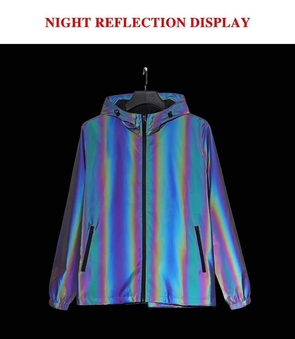 Men Reflective Jacket Gradient Colorful Hip-hop Streetwear Night Outdoor Hooded Windproof Coats Fashion Dance Skateboard Clothes
