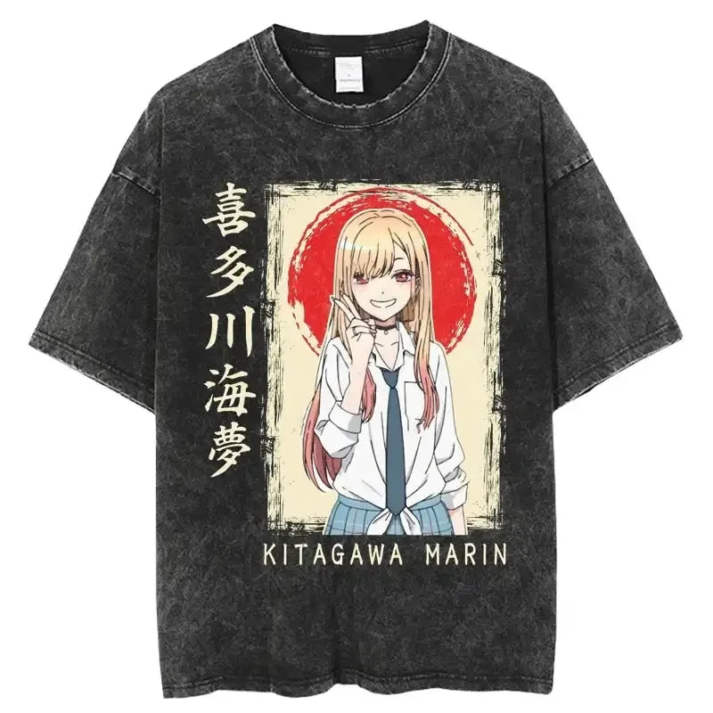 My Dress-Up Darling Kitagawa Marin Kawaii Graphic Print T-shirt Men Women Retro Washed O-neck Cotton Tee Oversize Summer New Top
