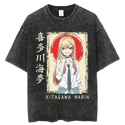My Dress-Up Darling Kitagawa Marin Kawaii Graphic Print T-shirt Men Women Retro Washed O-neck Cotton Tee Oversize Summer New Top