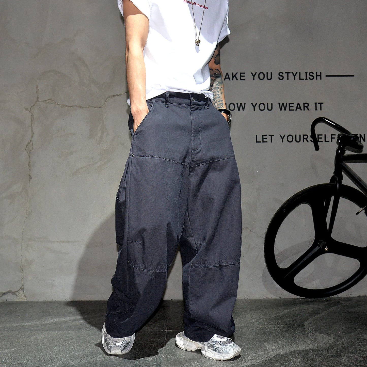 Mens Cargo Pants American Trendy Solid Black Cotton Heavyweight Wide Leg Loose Straight Streetwear Casual High Quality Pants