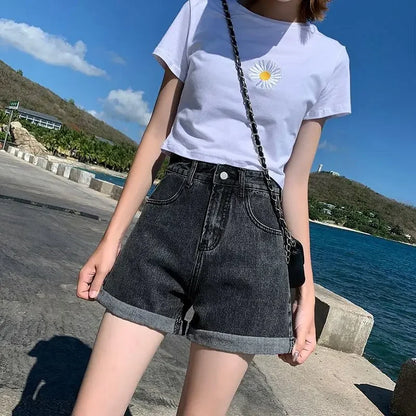 Summer Thin Style Korean Version High Waist Slimming Denim Shorts for Women Loose Line Outer Wear Rolled Edge Wide Leg Hot Pants